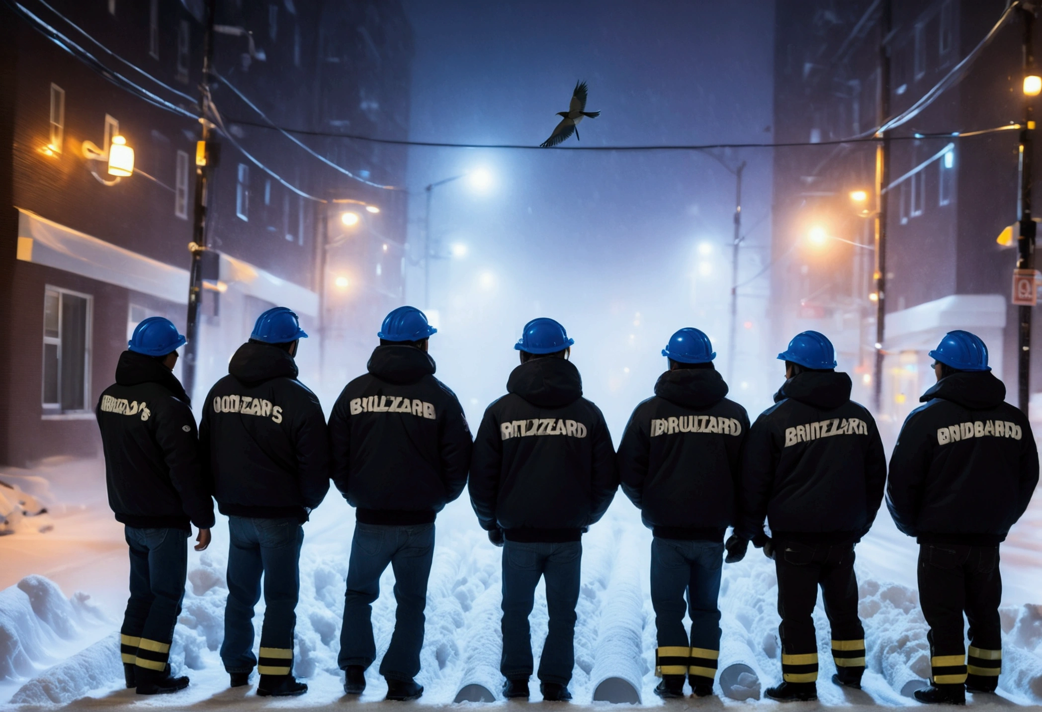 A group of Asian workers wearing blue helmets were walking on the street pulling a pipeline. The background is a city street in heavy snow, with thick heating pipes (wearing a black cotton jacket: 1.5), (late night, night, night view, lighting: 1.5) (blizzard, blizzard: 1.5), (bird's-eye view, overhead: 1.5)