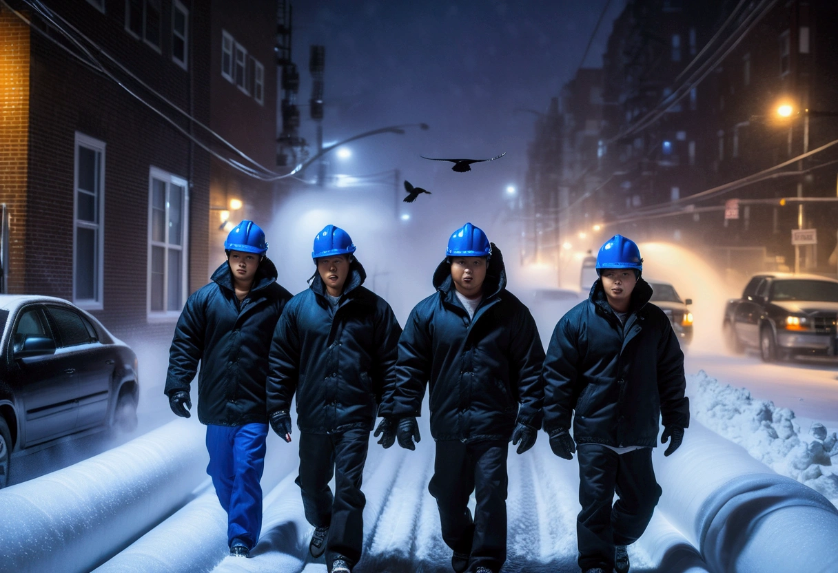 A group of Asian workers wearing blue helmets were walking on the street pulling a pipeline. The background is a city street in heavy snow, with thick heating pipes (wearing a black cotton jacket: 1.5), (late night, night, night view, lighting: 1.5) (blizzard, blizzard: 1.5), (bird's-eye view, overhead: 1.5)