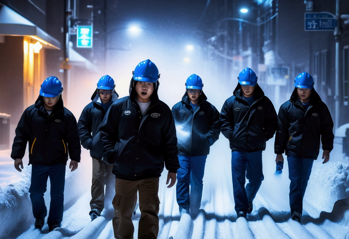 A group of Asian workers wearing blue helmets were walking on the street pulling a pipeline. The background is a city street in heavy snow, with thick heating pipes (wearing a black cotton jacket: 1.5), (late night, night, night view, lighting: 1.5) (blizzard, blizzard: 1.5), (bird's-eye view, overhead: 1.5)