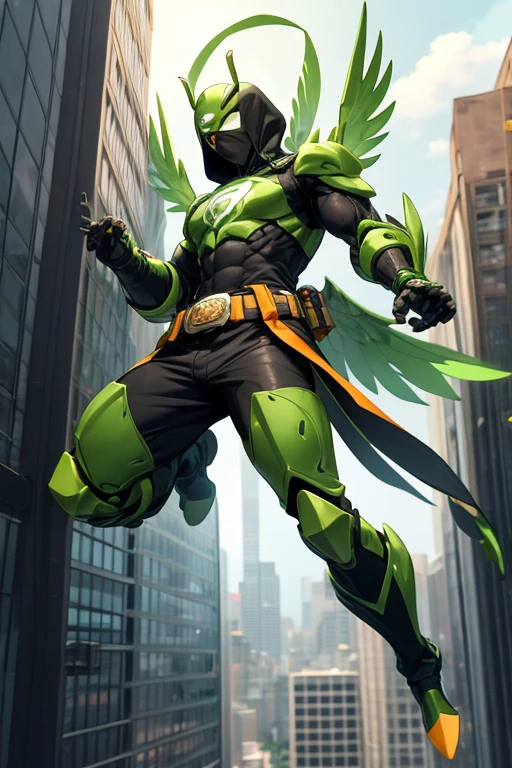 ((best quality)), ((masterpiece)), (detailed), 1 male, full body, 25 years old, masked, lemon green mask covering his entire head, smooth head, mask covering his mouth, 1 small crest on his head, oxygen mask, angry expression, black collar, tall and strong, very athletic, green insect wings, grey details, green fingerless gloves, green wrist guards, lemon green nanotech suit resembling light armor, lemon green chest with an emblem, orange fly emblem on his chest, fly, green pants, green knee pads, metallic green boots, orange superhero belt, flying around a building, city background, anime