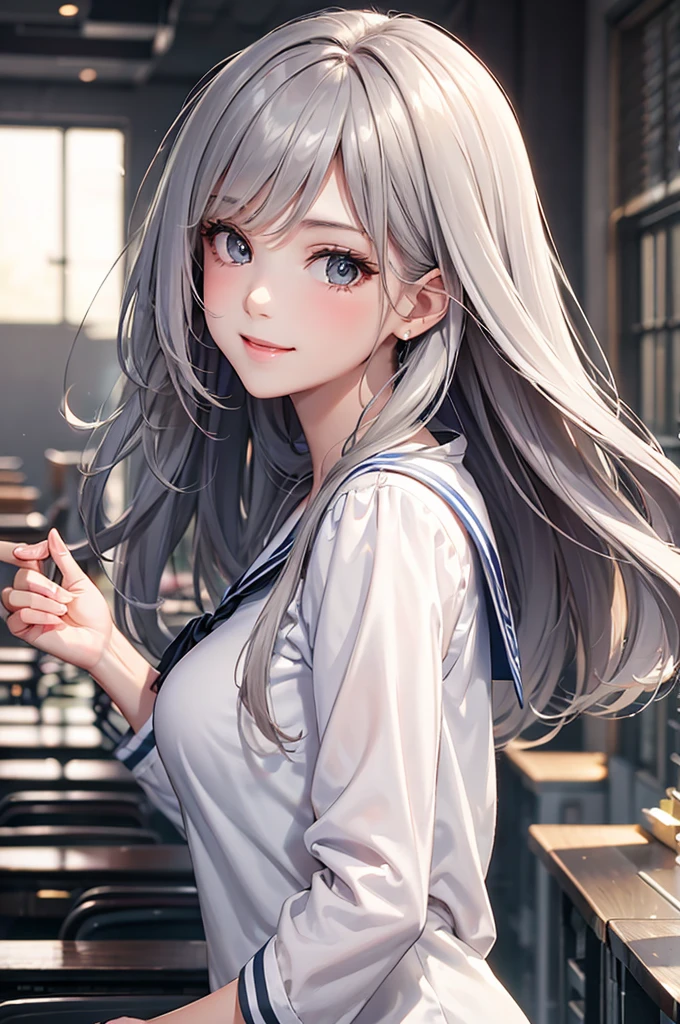 Best Quality,High resolution,8k,finelity detailed background,Masterpiece:1.2),beautiful girl,Glossy romance gray hair,Beautiful gray eyes,Gentle look,A refreshing look,smile,Best quality,Best Quality,Aesthetic and aesthetic:1.2,Best details((Super detailed))(High-definition CG illustrations),Sailor suit,Summer clothes,Big Breasts,Slender body,morning,sunlight,School,classroom,smile,blush,cute,Scrounge,Looking up,Being spoiled,super model,shoot from,below