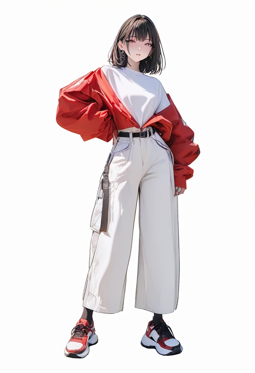 (Masterpiece, highest resolution: 1.2, 8K), center, full body, one girl, medium hair, red fashion, wide pants, simple sneakers, simple background, white background, eyes open,