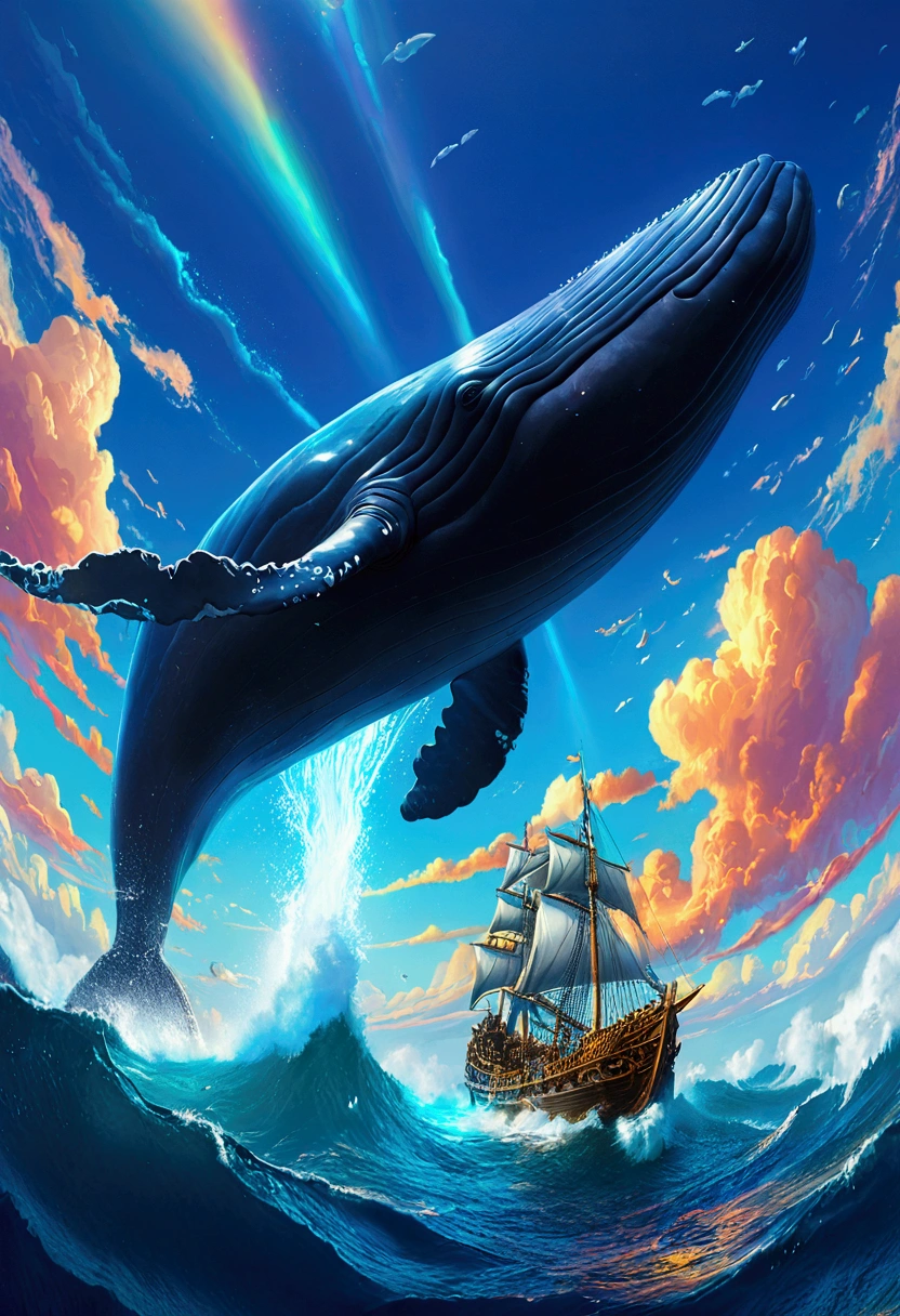 Flying Whale, full body, sky, by Michal Kváč, cinematic still, (best quality, masterpiece), very aesthetic, perfect composition, intricate details, ultra-detailed, vivid colors