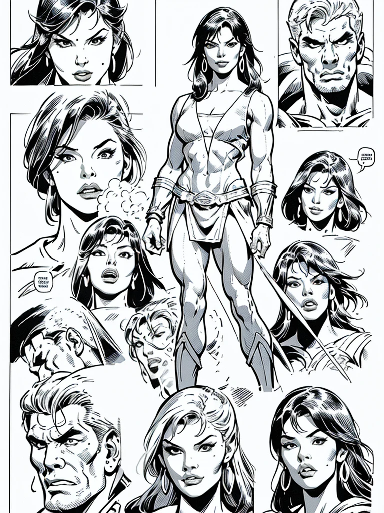 (Spartan warriors)Full body,Male and Female illustration in Buscema drawing style;beautiful female,spartan and warrior woman art,swords and sheilds, Wide Angle,8K True-to-Life Picture Quality, Handsome, muscular body types,Perfect facial details,agressive facial expression,no nsfw images