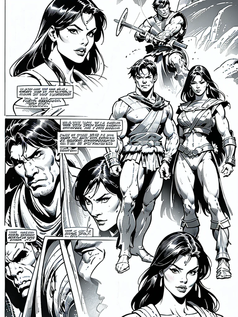 (Spartan warriors)Full body,Male and Female illustration in Buscema drawing style;beautiful female,spartan and warrior woman art,swords and sheilds, Wide Angle,8K True-to-Life Picture Quality, Handsome, muscular body types,Perfect facial details,agressive facial expression,no nsfw images