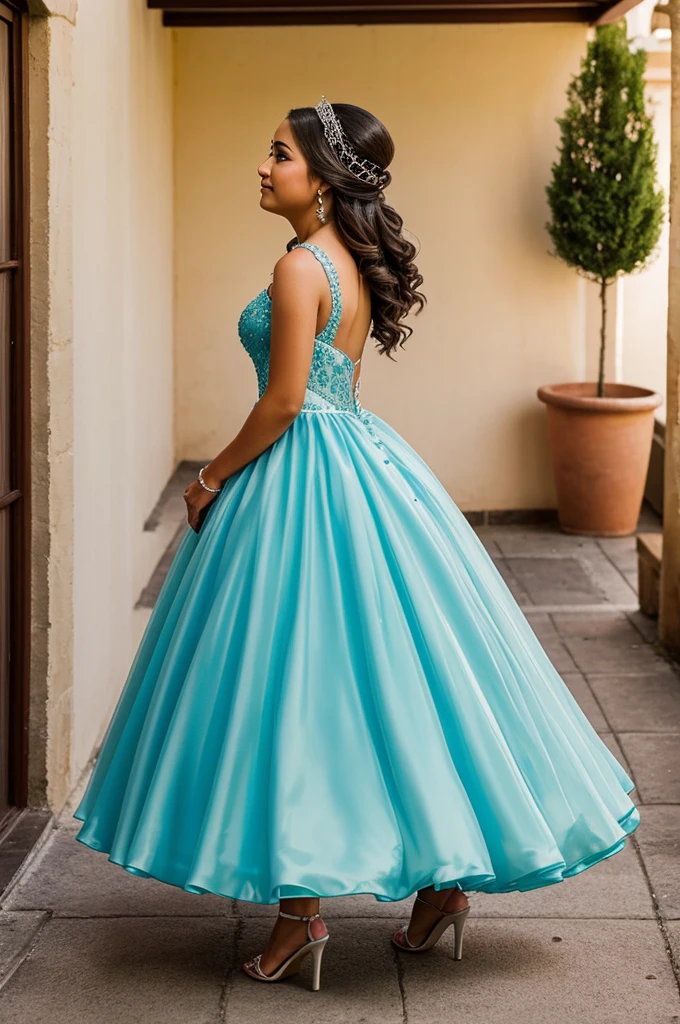 Caricature image of quinceañera from the side , and walking