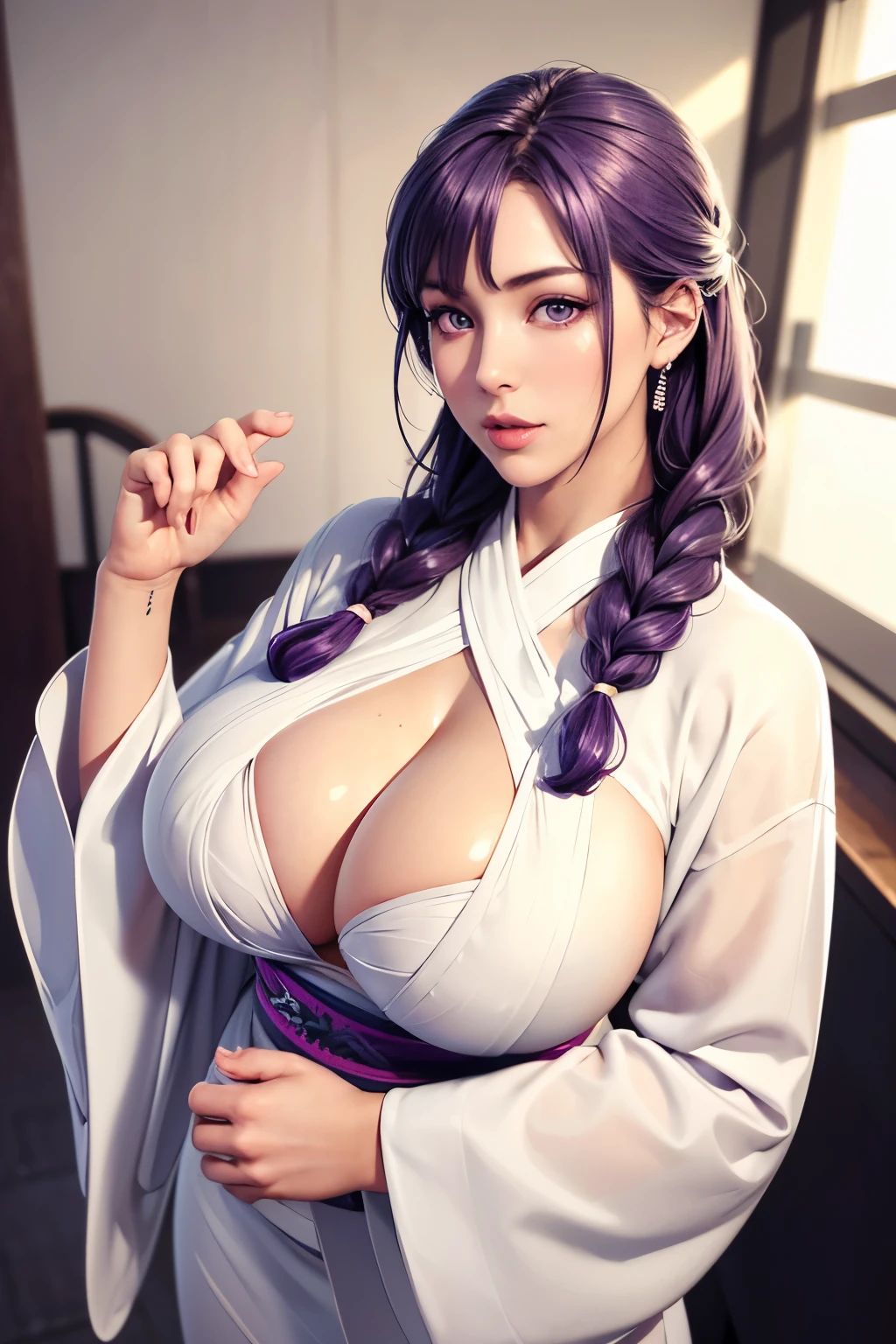 (((Perfect figure,figure,solo, (((White kimono,long sleeves, wide sleeves, ))),(((Dark purple hair, long hair, hair pulled back,parted lips,purple eyes, Single braid,))),((masterpiece)),high resolution, ((Best quality at best)),masterpiece,quality,Best quality,((( Exquisite facial features,Looking at the audience,There is light in the eyes,(((lol,Happy,))),))),(((Light and shadow,Huge breasts))),(((Looking at the camera,White background))))