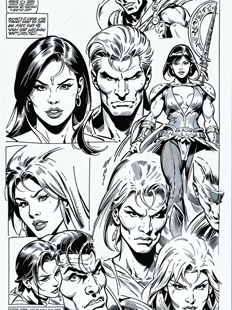 (Spartan warriors)Full body,Male and Female illustration in Buscema drawing style;beautiful female,spartan and warrior woman art,swords and sheilds, Wide Angle,8K True-to-Life Picture Quality, Handsome, muscular body types,Perfect facial details,agressive facial expression,no nsfw images