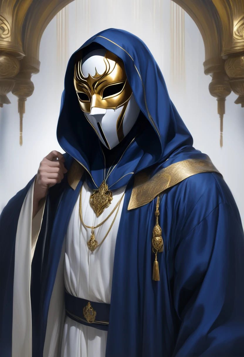 Hooded male wearing white and dark blue robe, wearing a white ballistic mask, intrinsic golden highlights, 
