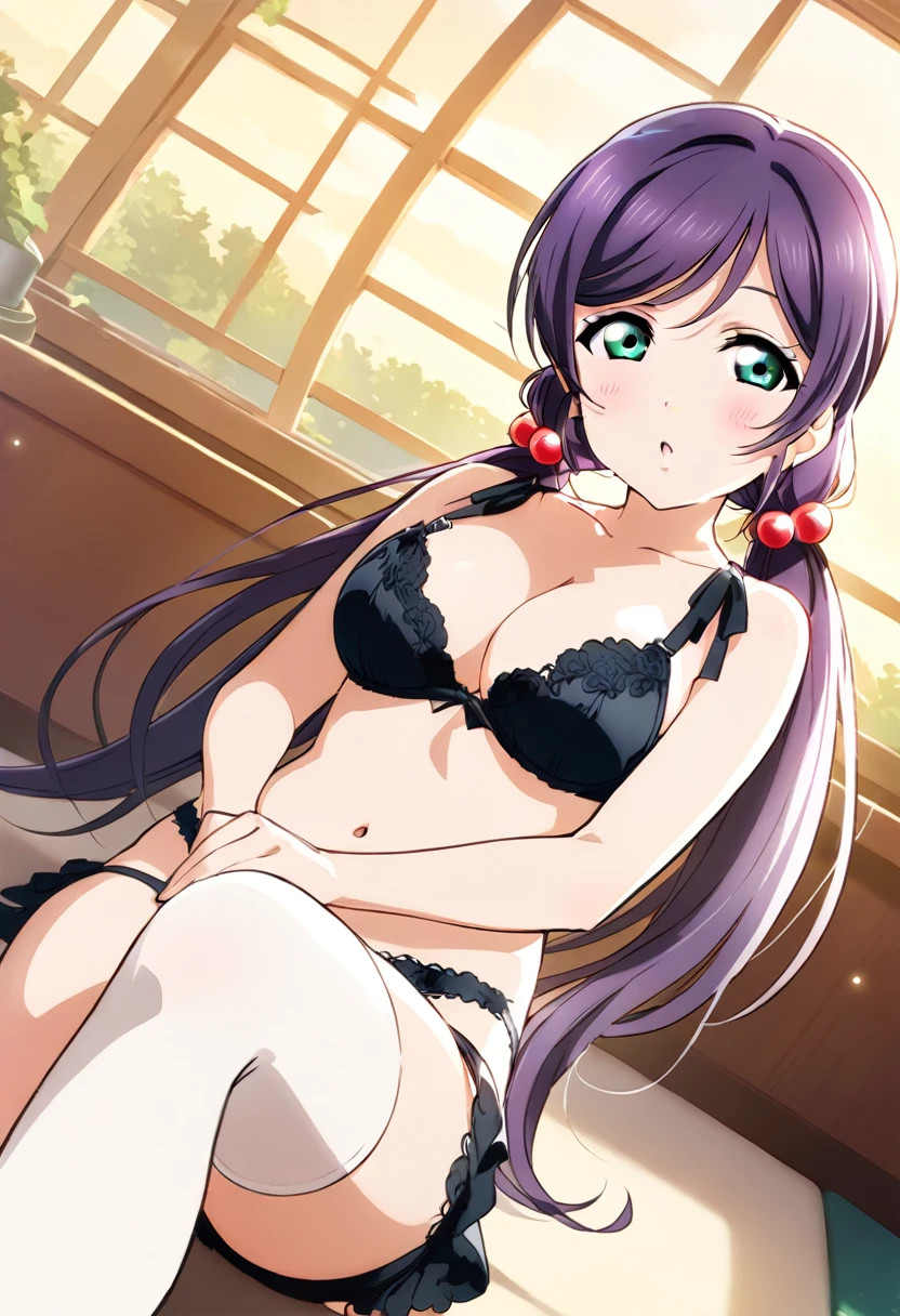 (masterpiece),(best quality),(ultra-detailed),(best illustration),(best shadow),(absurdres),(detailed background),(very aesthetic), Nozomi Tojo, 1girl, solo, purple hair, long hair, swept bangs, hair bobbles, low-twintails, green eyes, closed mouth, :o, collarbone, bare shoulders, large breasts, cleavage, black lingerie bra, navel, black panties, white thighhighs, looking at viewer, sitting, crossed legs, simple background, white background, cowboy shot, 