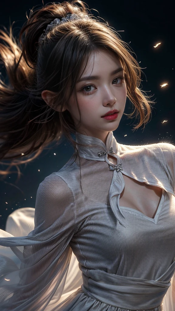 (masterpiece, Highest品質, Highest, Official Art, beautifully、aesthetic, Long exposure: 1.2), Smooth movement, Attractive patterns, 1 girl, (Long dress with sleeves: 1.3), (((White clothes) )), Upper Body close-up, Exposing shoulders, Chinese Girl, blush, Black lob hair, Portraiture, alone, Upper Body, Observing the observer, Detailed Background, Detailed face, (Crystal AI, Crystal Theme:1.1), Wind Elf, Rotating wind, Controlling the Wind, White crystal clothes, Dynamic pose, Suspended particles, Aether Dynamics, whirlwind, vapor, whirlwind in the background, White Tone, whirlwind, Great atmosphere,
