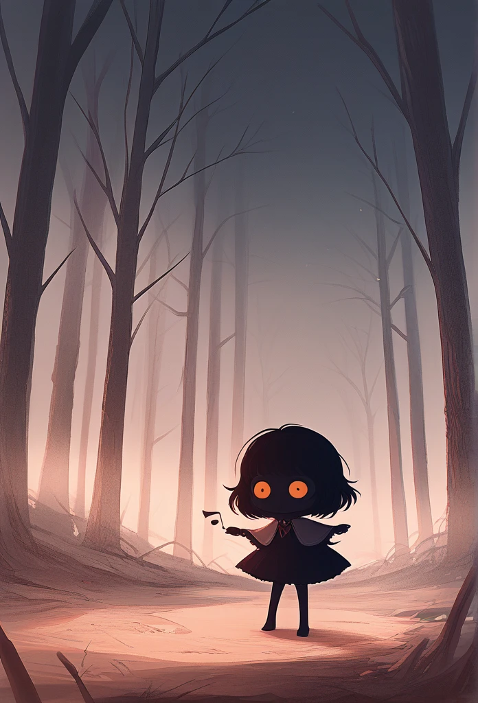 score_9, score_8_up, score_7_up, score_6_up, score_5_up, score_4_up, cute horror fantasy, disney-style horror effects,picture-book style,children-book style, BREAK ,solo,1girl\((devil:1.6),cute,(dancing:1.4),evil smile,pure black skin,bags under eyes,long eyebrow,big eyes,chibi,long nail,orange eyes,hair,(looking down herself:1.3),wearing capelet\((very big:1.5),(very long:1.3),(traditional_patterned:1.2)\)\), BREAK ,background\(music notes, (dead trees:1.3), in the forest,shadow_pappet\(bat,doll,crow\)\),(long shot),(wide shot),(dynamic angle),full body