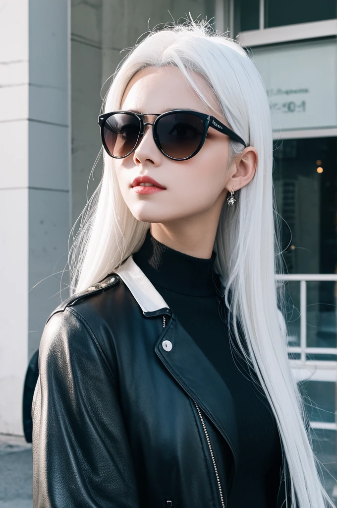 A girl with white hair and sunglasses wearing black clothes