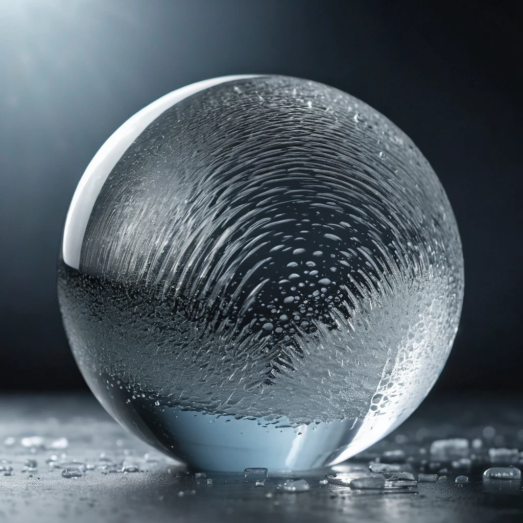 Generates a perfect ice sphere in the foreground, on a flat gray background with stunning lighting for a perfect shot. Professional photography, 8k, RAW photo, The best quality, masterpiece, photorealistic, Highly detailed, cinematic lighting, sharp focus, réflex digital, high resolution, photorealistic,
