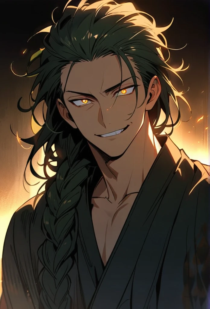 Handsome, solo, 1 man, dark green hair, yellow eyes, 1 man, handsome, male, long hair, detailed, Hair Slicked Back, Messy Hair, Hair Over Shoulder, Glowing Light, Bright Pupils, Smirk, Wide-Eyed, Evil Smile, Amber Eyes, lock of braided hair