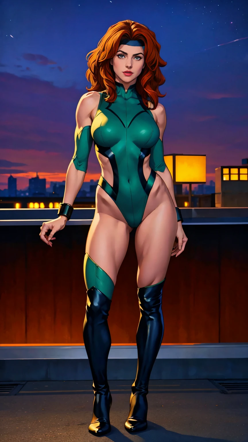 ((Full body photo, standing, feet on the floor)) (best quality,4k,8k,highres,masterpiece:1.2),ultra-detailed,(realistic,photorealistic,photo-realistic:1.37),full body shot,Rogue,X-Men,yellow thigh high boots,beauty pose, standing tall, show feet, outside, city rooftop at night, green headband