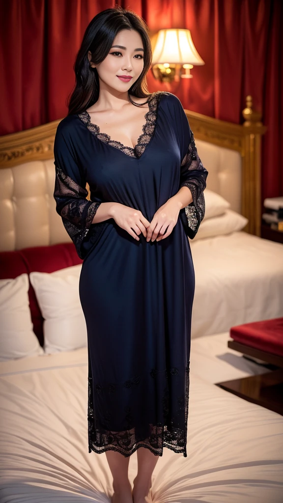 ((masterpiece, highest quality, Award-winning work、highest resolution, Photoreal, RAW photo, 8k wallpaper)), romantic professional lighting, very detailed, Depth of written boundary、 (1 45 year old Japanese mature woman:1.2)、(one woman:1.3)、(accurate human body:1.1)、(elegant berry long hair:1.1)、(Elegant Embellished Lace Oversized Navy Black Nightgown:1.2)、perfect makeup、soft, Plump, Slight cleavage、long eyelashes、lipstick、Beautiful thick lips, (look at me excited:1.2)、(look at me perfectly:1.2)、(One giant bed perfect for a backdrop:1.2)、(stand in a room with an elegant posture:1.3)、(Portrait photo of a woman standing on her knees:1.1)、(The bedroom itself in a moody luxury love hotel:1.1)、romantic mood lighting、(One bed perfect and accurate in the background:1.2)、Perfect and precise oversized navy black nightgown、blurred background