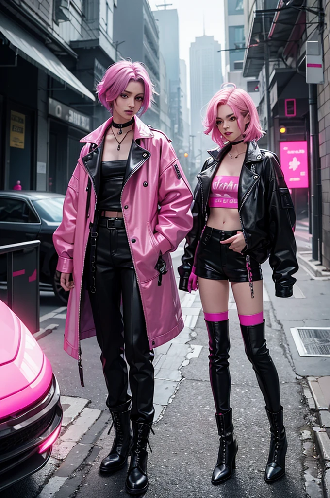 Androgynous young man, mid-length magenta hair, light green eyes, long eyelashes, flowing maskara, leather clothing, short fluorescent pink jacket, post-apocalypse cyberpunk style, leather boots.