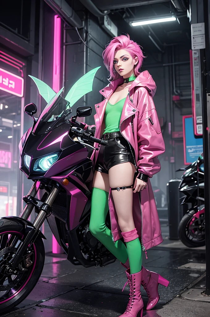 Androgynous young man, mid-length magenta hair, light green eyes, long eyelashes, flowing maskara, leather clothing, short fluorescent pink jacket, post-apocalypse cyberpunk style, leather boots.