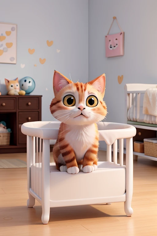 Create an orange and white cat inside a baby crib, without a baby in an all-white room with no furniture.