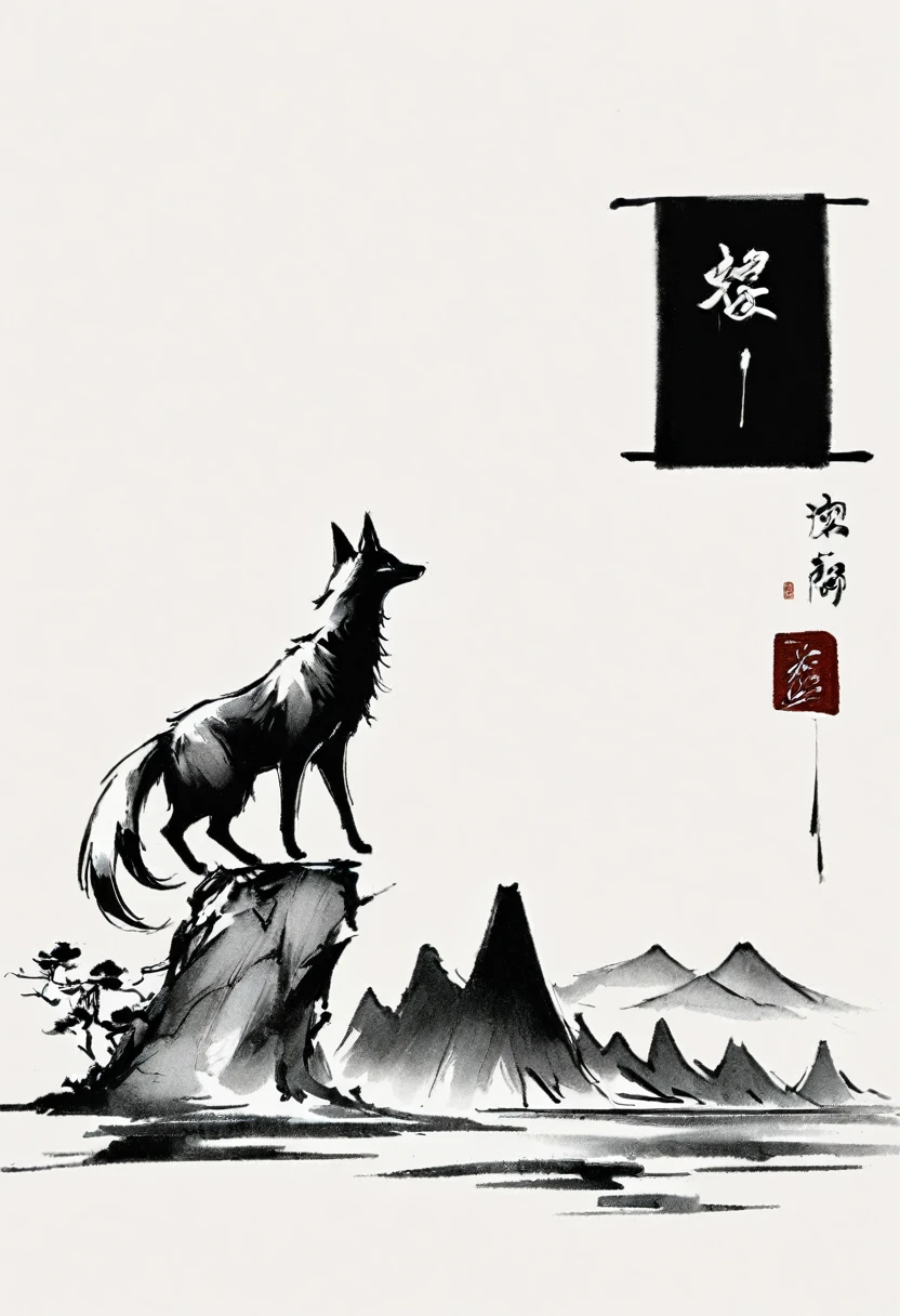 minimalism,Sketch,charcoal drawing,Chinese ink painting, cyan and white, White background, nonhuman, Mountain, ninetiles fox