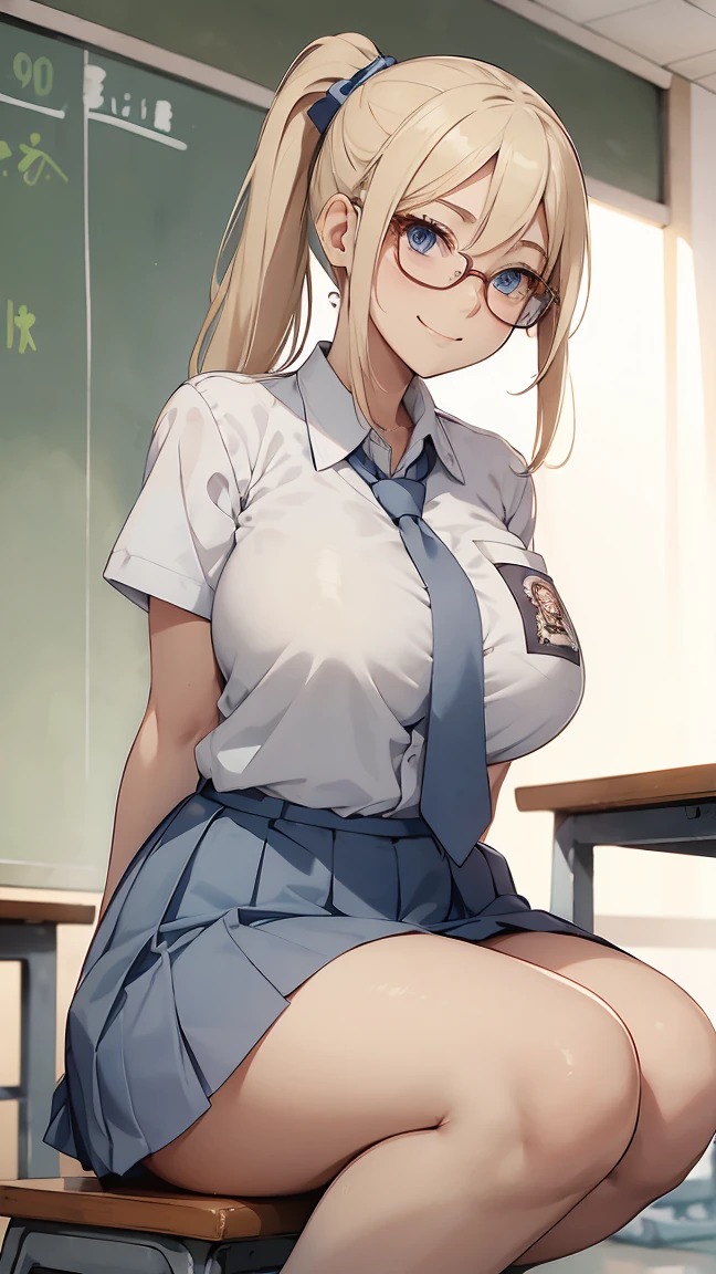 1 woman, 27 years old, blonde ponytail, plump body, blue eyes, Indonesian high-school uniform, wearing glasses, white shirt, osis logo on shirt pocket, natural big breasts, light-grey pleated skirt, squat pose, full body shot, smiling, in the classroom.