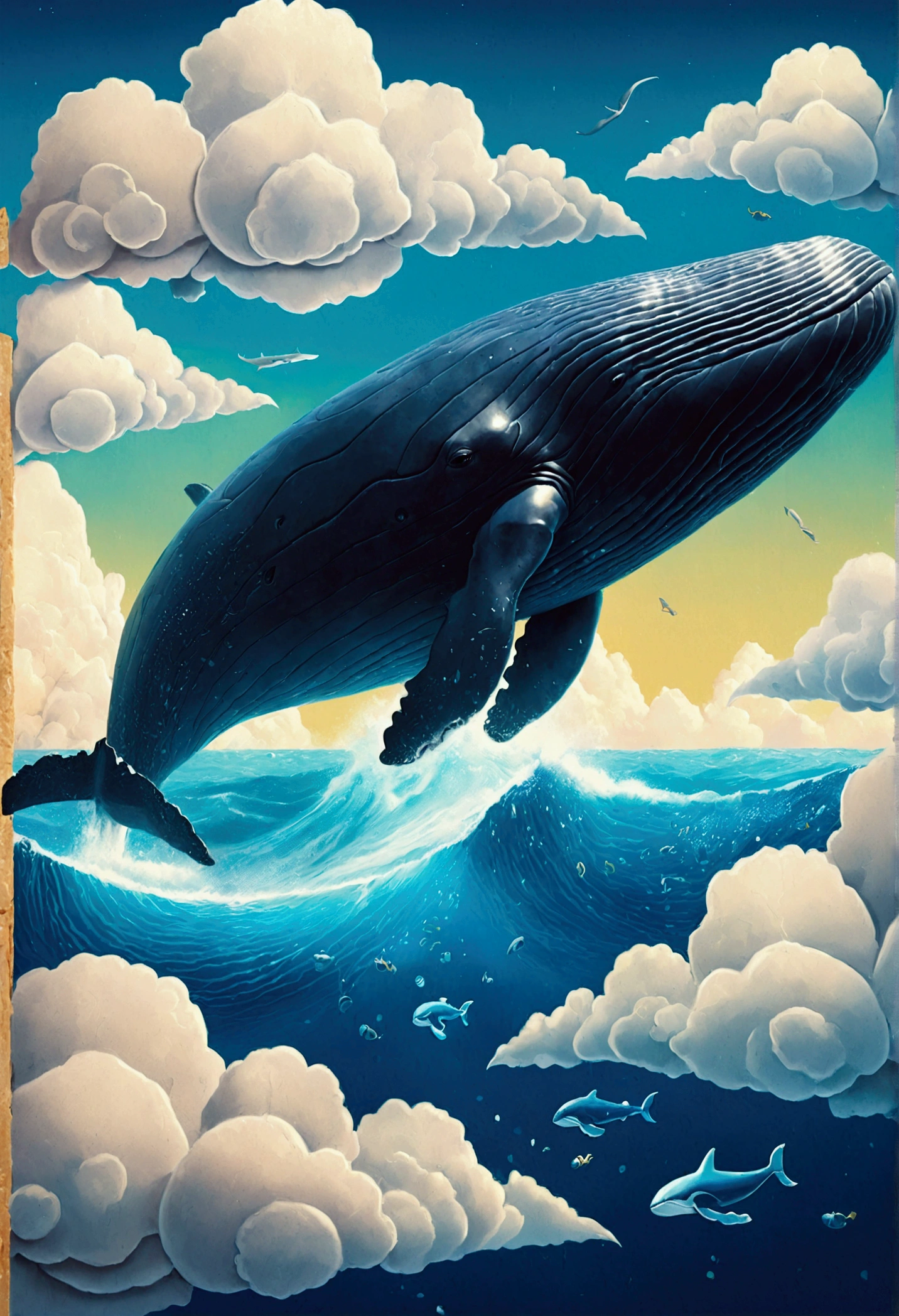 Flying Whale, full body, by Dan Matutina and Rob Gonsalves, cinematic still, (best quality, masterpiece), very aesthetic, perfect composition, intricate details, ultra-detailed, vivid colors