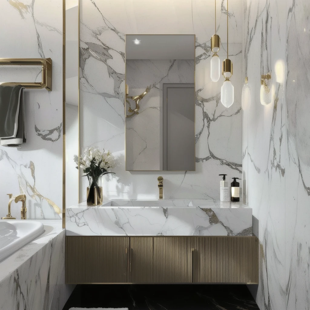 close-up of a bathroom with sink and mirror, Exquisite marble details, Marble walls, white Marble & Gold, Smooth marble surfaces, All marble, White marble with gold inlays, Made of liquid metal and marble., Marble & Gold, white Marble walls, Marble Material, marble and gold tone, gold and luxury materials, modern bathroom, elegant and refined