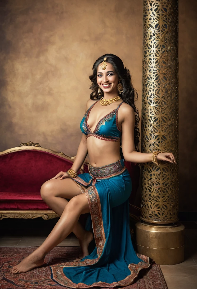 Create an image of a beautiful woman, wearing an odalisque outfit, full body, beautiful smile, very sexy posing for a photograph,