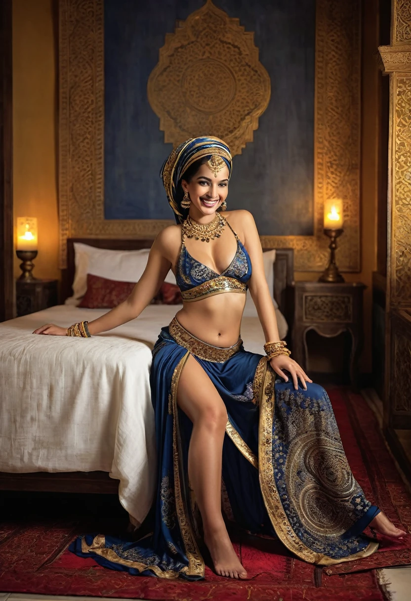 Create an image of a beautiful woman, wearing an odalisque outfit, full body, beautiful smile, very sexy posing for a photograph,