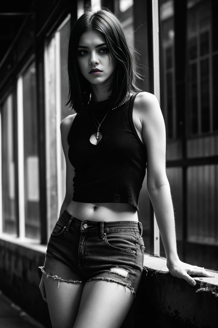 a beautiful 18 year old slim and sexy woman, emo girl, black dress, denim shorts, detailed face, long eyelashes, intricate makeup, moody expression, dark aesthetic, dramatic lighting, cinematic composition, muted color palette, dramatic shadows, grungy urban environment