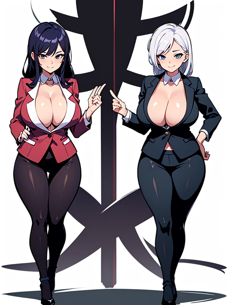 two sexy women, businesswomen outfits, looking at camera, seductive smiles, various hair, full body, fully white background