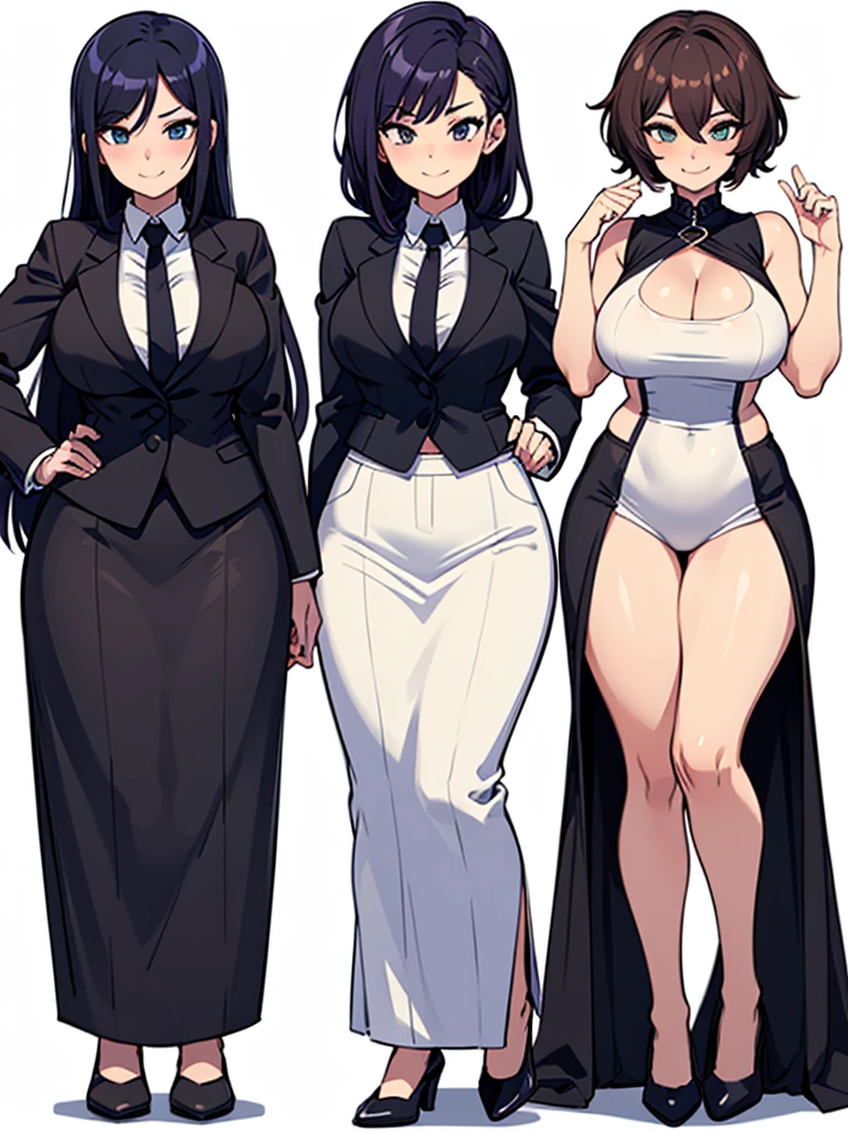 two sexy women, businesswomen outfits, looking at camera, seductive smiles, various hair, full body, fully white background