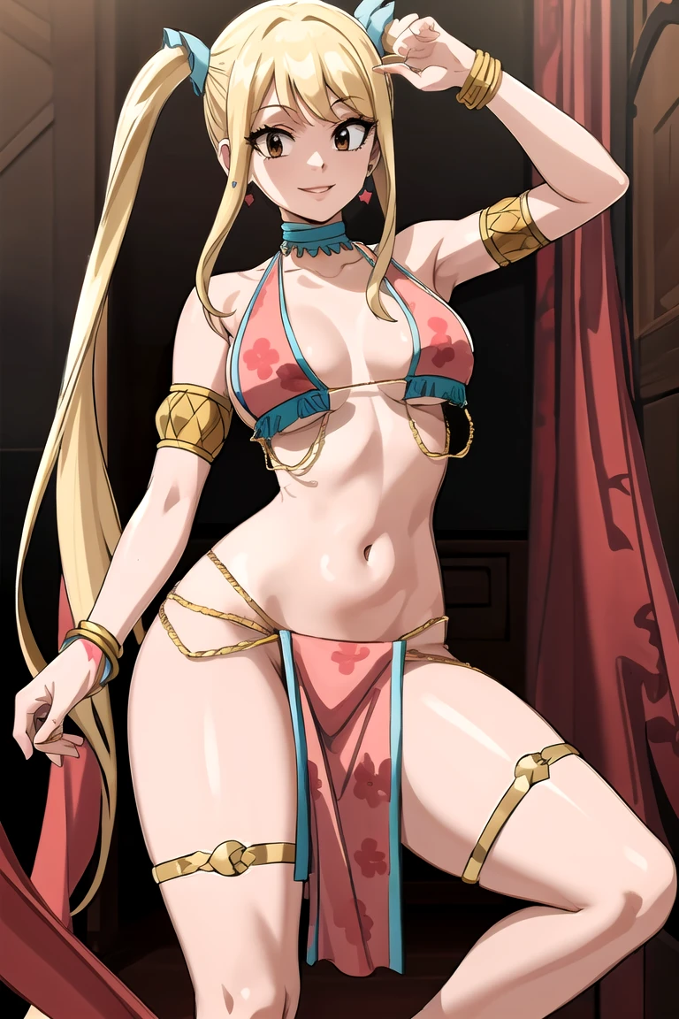 masterpiece, absurdres , (intricate details), (colorful),cinematic lighting,bust shot,extremely detailed CG unity 8k wallpaper,  lucyheartfilia, twintails, armlet, pelvic curtain, dancer, anklet, thighlet, bikini top only, jewelry, earrings, choker, looking at viewer, smile 