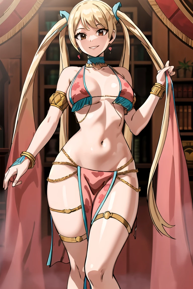 masterpiece, absurdres , (intricate details), (colorful),cinematic lighting,bust shot,extremely detailed CG unity 8k wallpaper,  lucyheartfilia, twintails, armlet, pelvic curtain, dancer, anklet, thighlet, bikini top only, jewelry, earrings, choker, looking at viewer, smile 