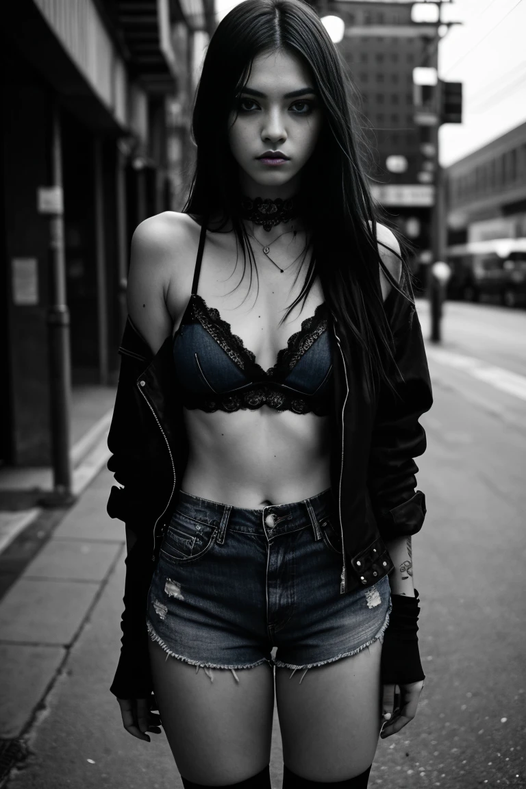 a beautiful 18 year old slim and sexy woman, emo girl, black dress, denim shorts, detailed face, long eyelashes, intricate makeup, moody expression, dark aesthetic, dramatic lighting, cinematic composition, muted color palette, dramatic shadows, grungy urban environment