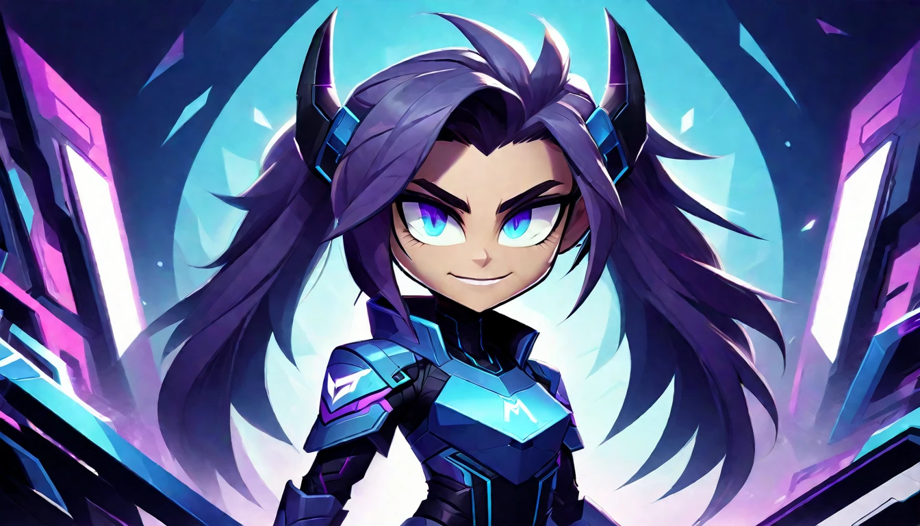 HazbinStyle,(assymetric:1.2), a cartoon character in e-sports player style with blue and purple tones