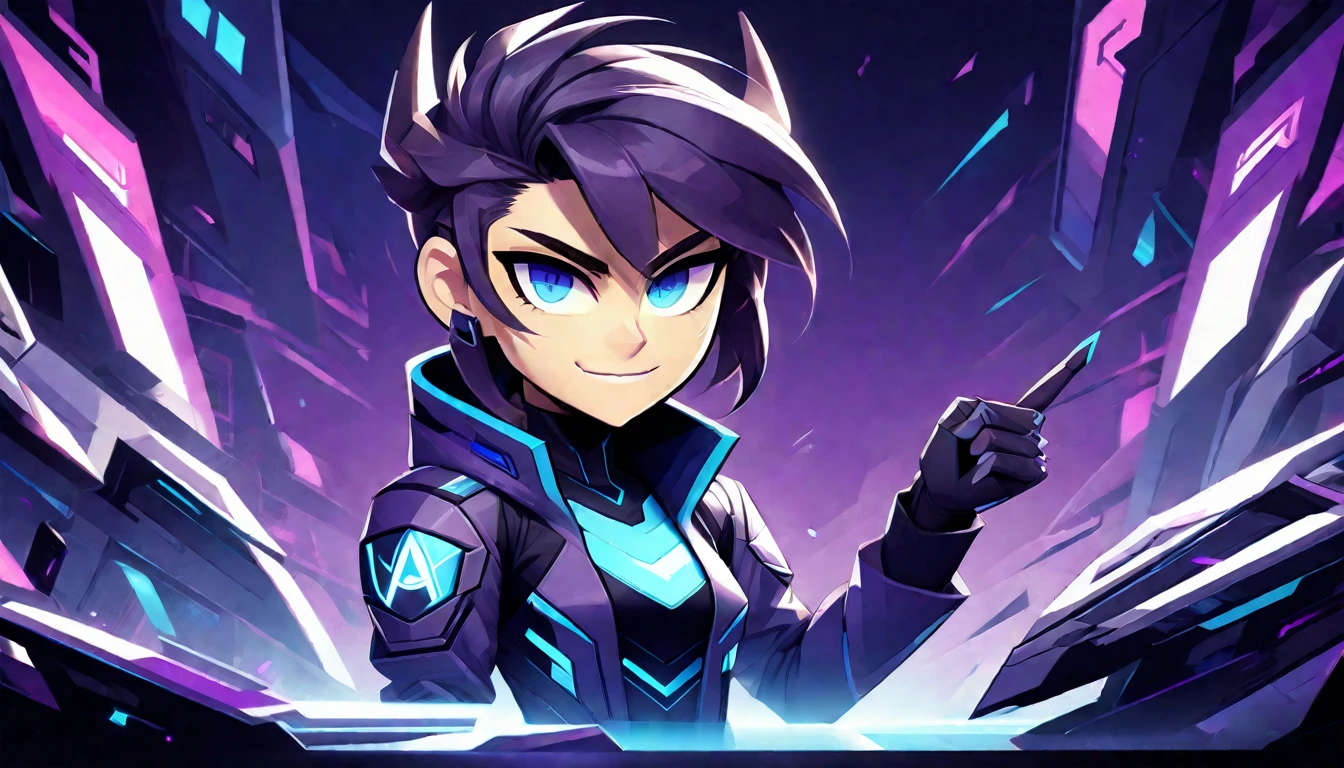 HazbinStyle,(assymetric:1.2), a cartoon character in e-sports player style with blue and purple tones