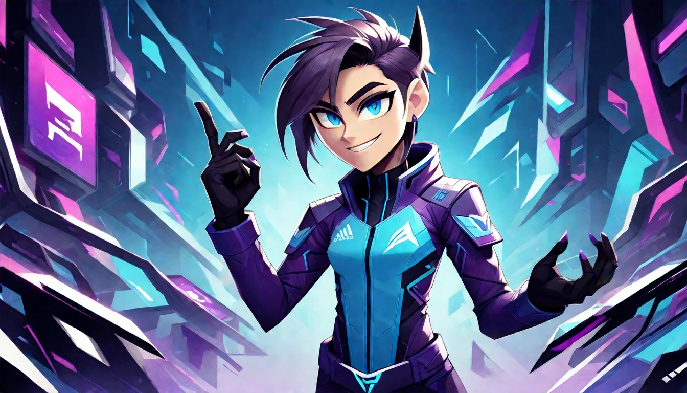 HazbinStyle,(assymetric:1.2), a cartoon character in e-sports player style with blue and purple tones