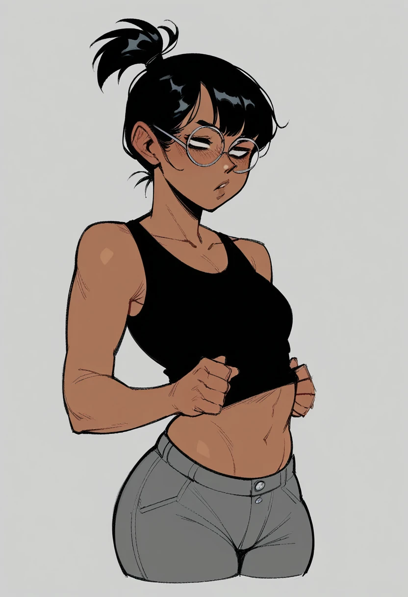 (masterpiece, best quality:1.3), Rizdraws, Thin Lineart, Soft Lineart, 1girl, solo, short black hair, black hair, bangs that go to the side down her face, large round glasses, small ponytail, hair tie, pure white glasses, black tank top, dark gray pants, small midriff, brown skin,
