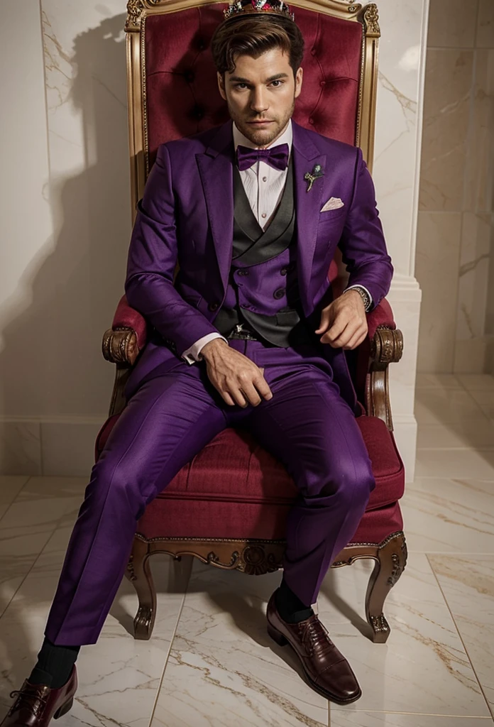 man, Red and purple suit, host, With a crown, Sitting on the throne，Gorgeous chairs，Marble Flooring，