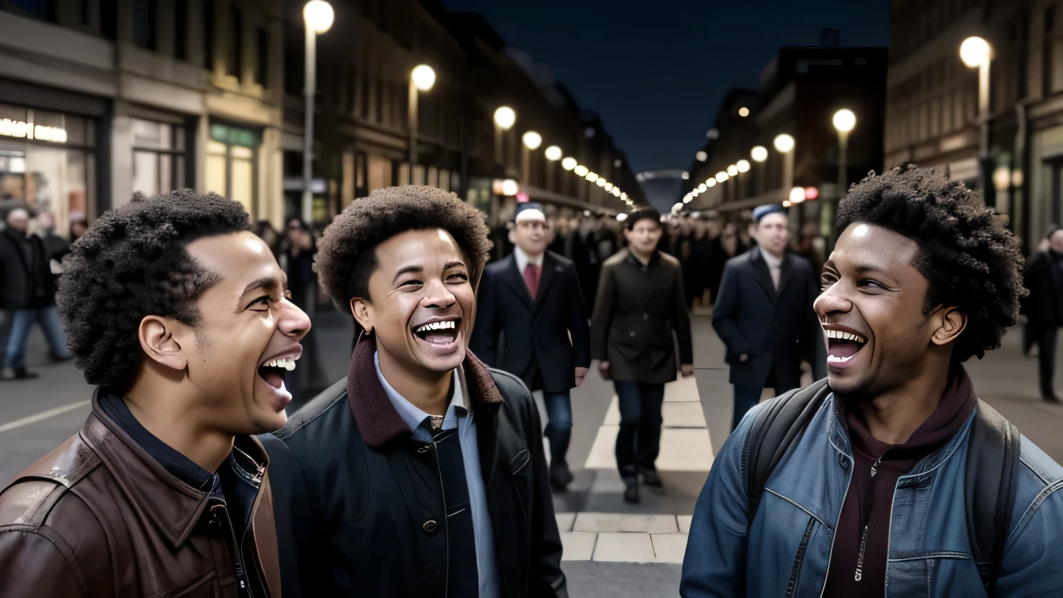 On a city street, a group of people are laughing and making fun of an individual walking by. The people who are mocking have mischievous, amused expressions on their faces, while the person being mocked looks visibly upset and sad. The scene is set in an urban environment with pedestrians and street elements in the background.