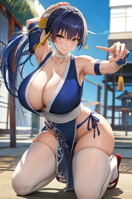 masterpiece, best quality, beautiful art, high resolution, well formed hands, body and fingers, 1 woman, solo, blue hair, blue eyes, hair ornament, adult, grown up, big breasted, cleavage, full body, braided long hair, blue_japanese_clothes, wearing DOA Kasumi's blue kunoichi dress, sexy and skimpy japanese clothes, kimono peek, panties peek, sleeveless, white stockings, gorgeous legs and thighs, she starts fighting back, she punches directly to the viewer, throwing fists, action and fighting scene, smiling joyfully, looking at the viewer, flirting, beach environment