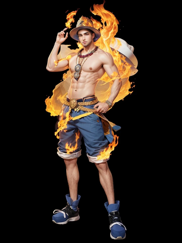 A man with a well-defined body, wearing a shor as clothes, wearing shoes on feet, with hat on head, with fire around the body