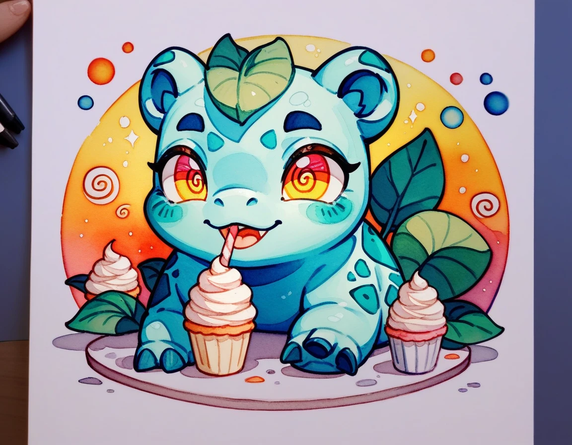 (score_9,score_8_up,score_7_up,score_6_up,score_5_up,score_4_up) Hypnotic splash whipped cream in ornamental watercolor art style, ivysaur