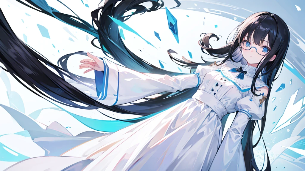 young girl, white dress, light blue eyes, black hair, glasses, quiet, elegant