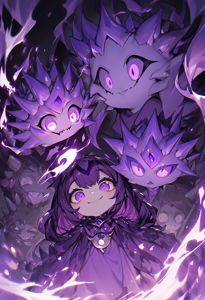 Cursed spirit of purple flames, devious and mischievous. A little balls of purple flames with two dots as their eyes and spiny smiling mouth, grinning at their own thoughts. They has no physical body, looking like little balls of wandering flames, similar to will-o'-the-wisp kind of spell.