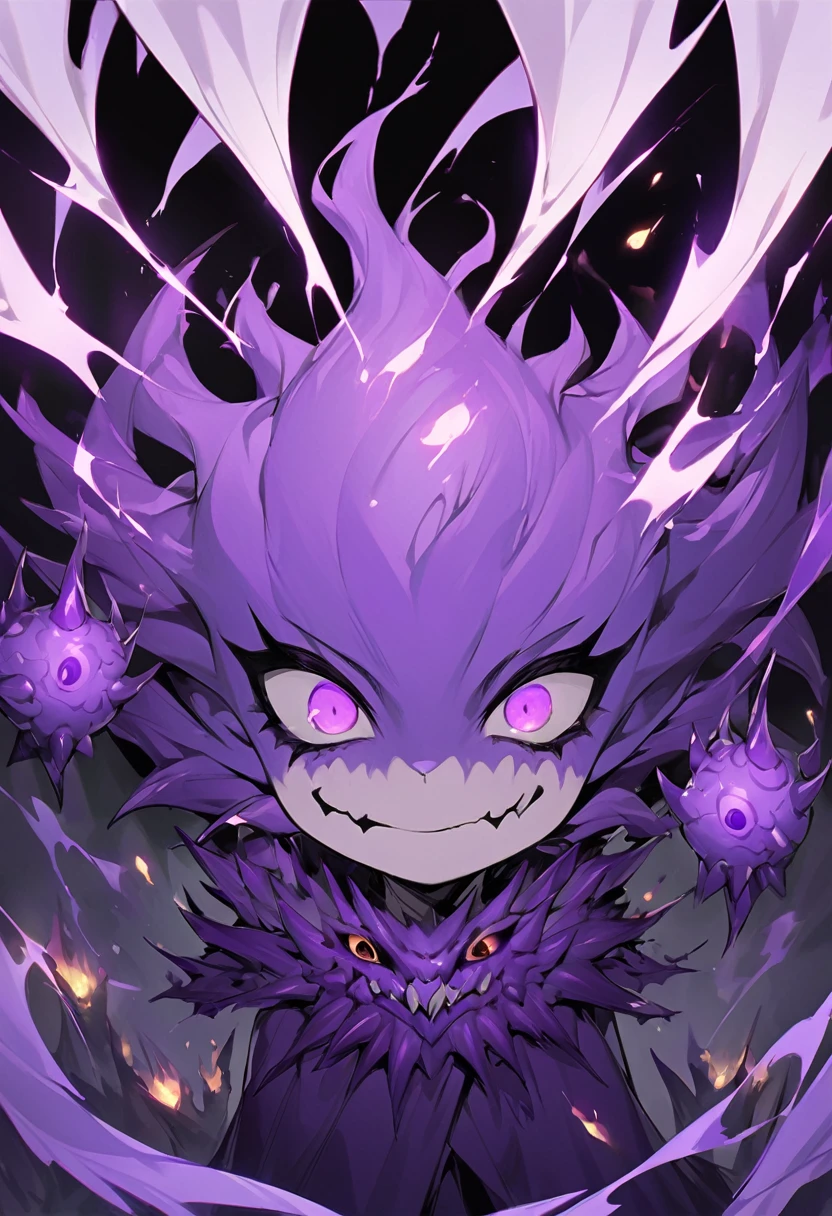 Cursed spirit of purple flames, devious and mischievous. A little balls of purple flames with two dots as their eyes and spiny smiling mouth, grinning at their own thoughts. They has no physical body, looking like little balls of wandering flames, similar to will-o'-the-wisp kind of spell.