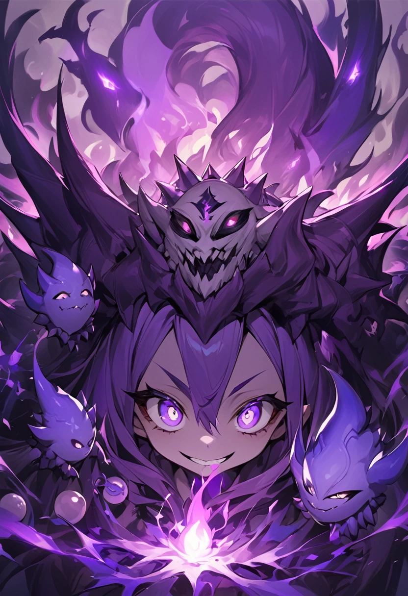 Cursed spirit of purple flames, devious and mischievous. A little balls of purple flames with two dots as their eyes and spiny smiling mouth, grinning at their own thoughts. They has no physical body, looking like little balls of wandering flames, similar to will-o'-the-wisp kind of spell.