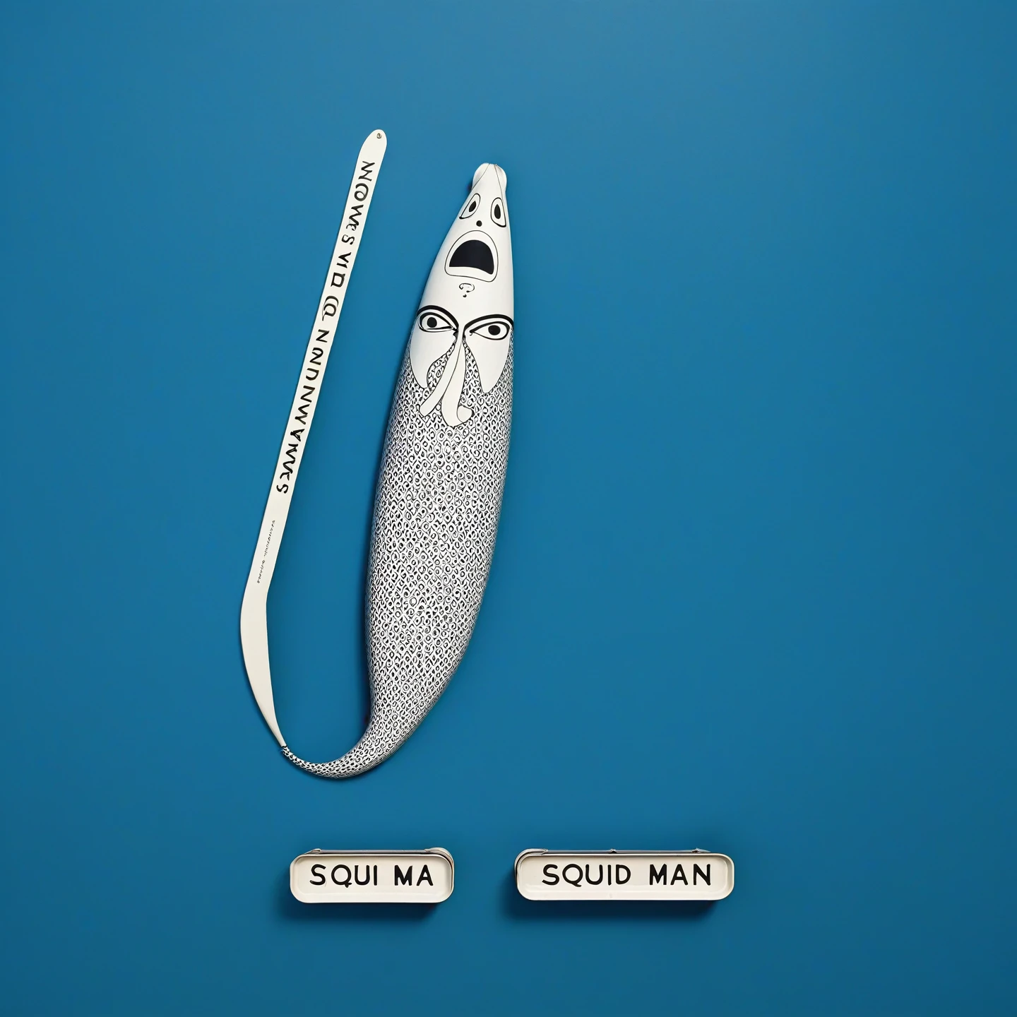 Squid man in traditional flat sardine tin, Tanaka Ikko, Reid Miles, modernist, mid century, helvetica, minimal 80's